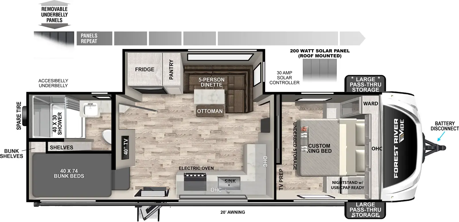 The Vibe 2500DB floorplan has one entry and one slide out. Exterior features include: fiberglass exterior and 20' awning. Interiors features include: bunk beds and front bedroom.